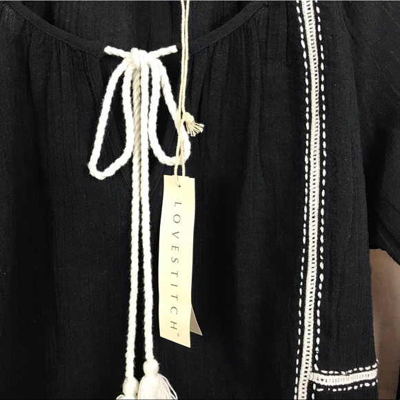 Love Stitch Contrast Lattice Tie Front Navy Top - Picture 2 of 5